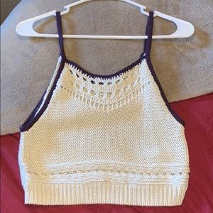 Cream/tan crochet cropped top, purple straps.